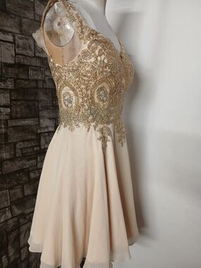 Embellished Cream Party Mini Dress with Gold Appliqué